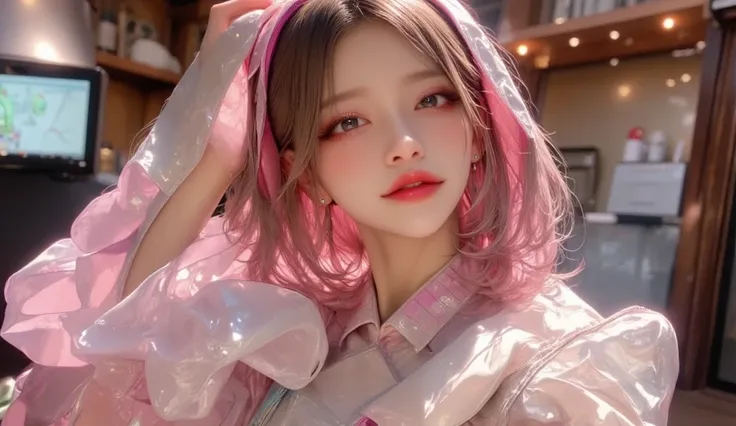 (masterpiece, Best picture quality, 8k), Real photo,Idol appearance, adult,  perfection of fashion,  Korean makeup, Lip Tint, whole body, frontal, A faint smile,A cafe with warm sunshine,  Finely drawn , Realistic,  ultra high definition, 3D image,  ultra ...