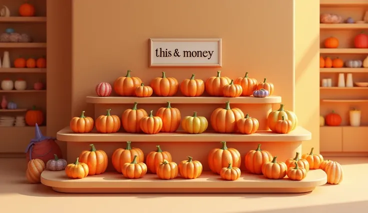 in 3D animation , looks like a store display shelf ,  neatly arranged in various colors of pumpkin dolls.  on top of which there is a nameplate that says  "THIS & Money"  printed on the front .