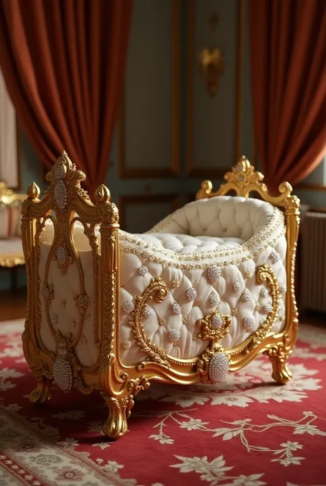 
Royal baby bed studded with gold and diamonds inside a royal room
