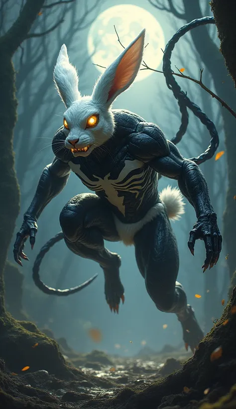 Here’s the modified prompt featuring a hybrid fusion of a rabbit and Venom:  

"A surreal and intense depiction of a hybrid fusion between a mystical rabbit and the menacing Venom, set in a dark forest clearing under a glowing moonlit sky. The creature com...