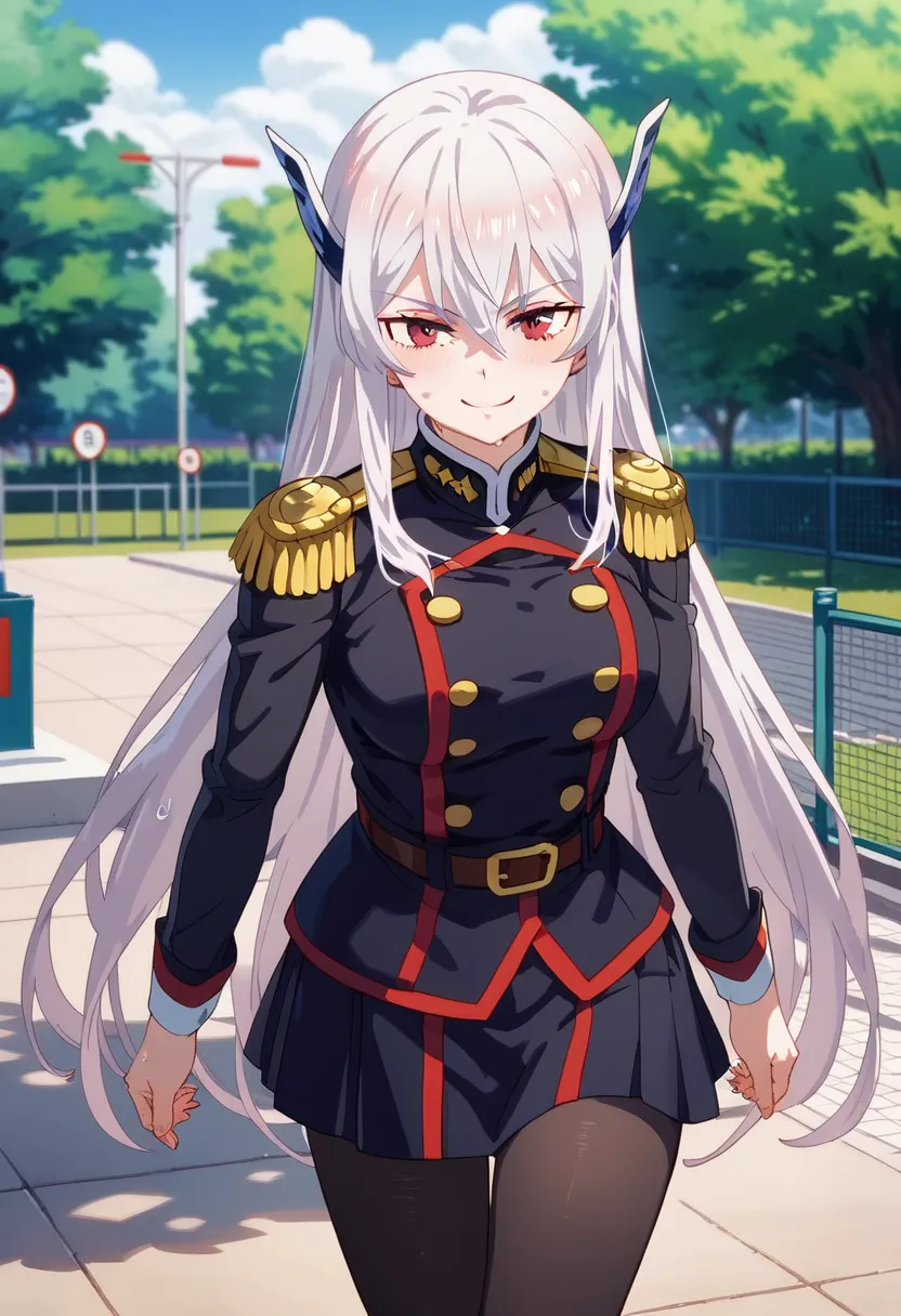 BREAK nsfw, masterpiece, best quality,1girl, kyouka uzen, long_hair, 1girl, solo, white_hair, red_eyes, hair_between_eyes , uniform, Team uniform,Military uniform, black pantyhose, Sweat,BREAK {{{best quality, very aesthetic, ultra-detailed, extremely detailed, perfect anatomy}}}, BREAK smile,walk in park,