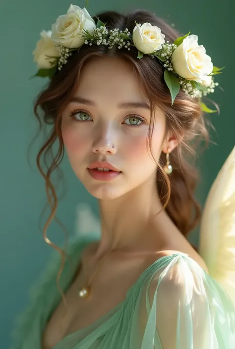 masterpiece portrait of an ethereal angel, luminous flawless skin with soft peach undertones, captivating seafoam green eyes with long delicate lashes, naturally flushed cheeks, delicate flower crown with white roses and small green leaves, flowing Grecian...