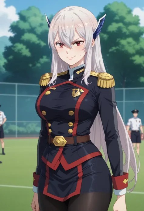 BREAK nsfw, masterpiece, best quality,1girl, kyouka uzen, long_hair, 1girl, solo, white_hair, red_eyes, hair_between_eyes , uniform, Team uniform,Military uniform, black pantyhose, Sweat,BREAK {{{best quality, very aesthetic, ultra-detailed, extremely detailed, perfect anatomy}}}, BREAK smile,walk in park,