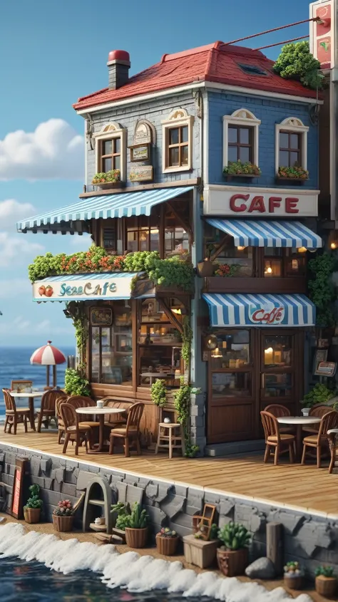 masterpiece,  best quality,  high detail,  Ultra High Definition、8k、 Semi-Realistic Style 、8bit、Diorama、(Side view)、Seaside cafe
