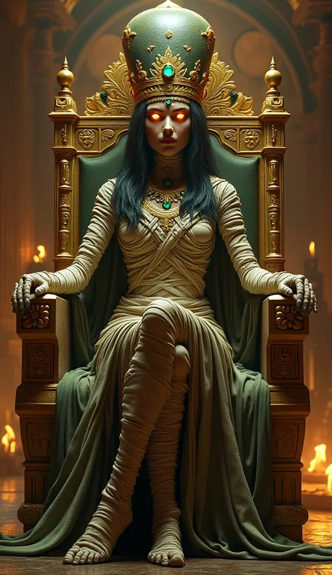 
"A regal and powerful depiction of a mummy queen, seated on a grand ancient Egyptian throne made of gold and adorned with intricate hieroglyphs. She is wrapped in ornate, glowing bandages intertwined with jewels and golden accents. Her crown is tall and e...