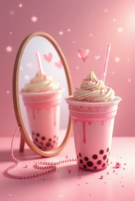 A dreamy and romantic illustration featuring a pink bubble tea cup with sweet and whimsical details. The cup is adorned with sparkling toppings, pearls, and glitter, exuding a charming and magical vibe. It is dating a strong and masculine coffee cup, which...