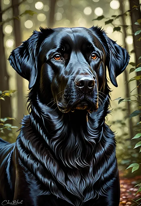 realistic, Charlie Bowater style, big black dog