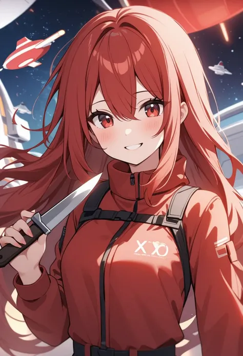  Among Us Red, 1 girl, red long hair, Im holding a knife with red XO on it, red jumpsuit, smile, Spaceship Background, Very delicate