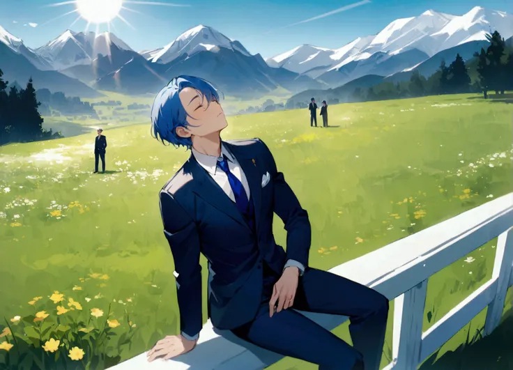  masterpiece,  lyrics, FILM, man,  mens, handsome,  stuffed on a white fence, in a meadow, mountain, beautiful landscape, bright sun,  blue hair, asymmetric bangs hairstyle ,  very short hair ,  looking at the sky , resting, blue elegant clothes,  looking ...