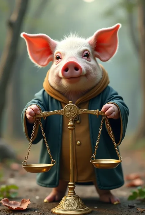 A pig holds a balance