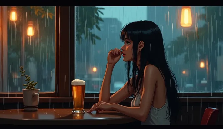 TANNED, BLACK-HAIRED WOMAN, DRINKING BEER IN A RESTAURANT, LOOKING AT THE FALLING RAIN, RAIN, EVENING, SILK PUNK, MOVIE, ANIME, HYPER REALISTIC ✺ QFLUX