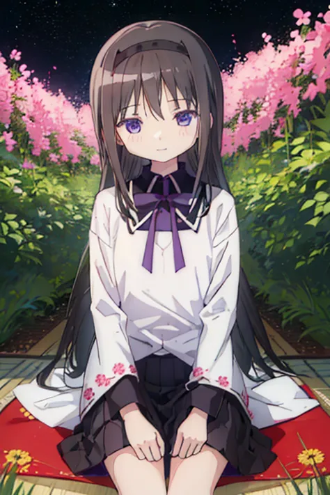 best quality, masterpiece,  high definition , alone, {akemi_homura_魔法少女まどか☆マギカ:1.15}, black_hair, length_hair, hairband,  purple...