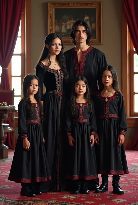 Generate an image of 5 siblings. The eldest of a s. She is tall, slender and beautiful. She has long black hair and purple eyes. She is dressed richly in a black gown trimmed with burgundy and silver. To her right is her  brother. He is tall, lean, broad-s...