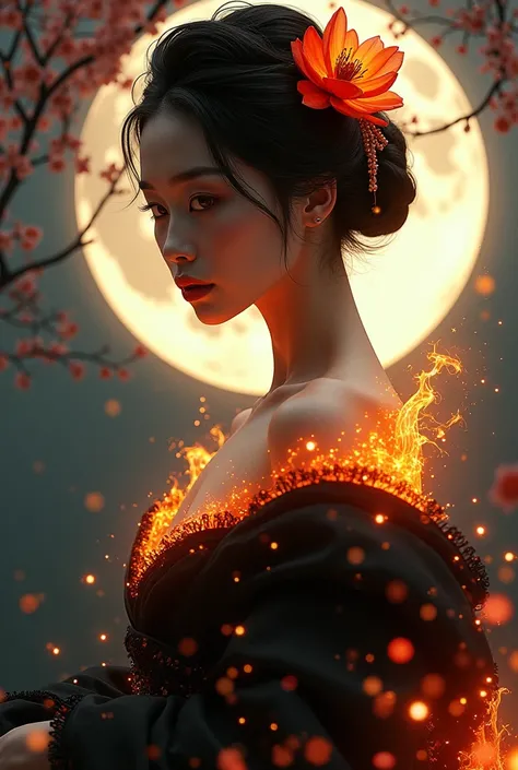 half portrait of a woman in a black dress in front of a full moon, glamorous and sexy geisha, photorealistic rendering, there is a glow coming from her, plum blossom, dress made of fire, suki, like artgerm, photo of a woman, kami