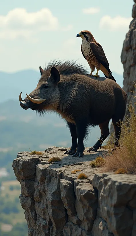 wild boar and a peregrine falcon stand together at the edge of a cliff, the boar’s rough, tusked face looking downward, while the falcon watches the world below from its perch. With distance between them 