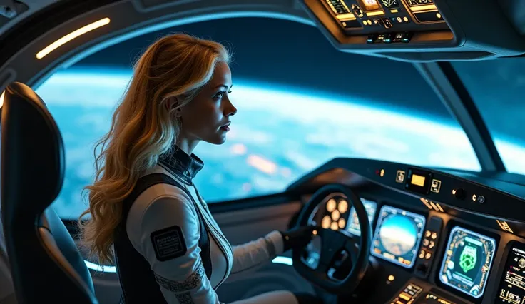 Maximum quality masterpiece, 4k resolution, (best quality, 4k, 8k, highres, masterpiece:1.2), ultra-detailed, (realistic, photorealistic, photo-realistic:1.37), HDR. A stunning blonde American woman piloting a spaceship, shown from behind in a cinematic co...