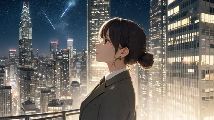 Shiraishi Mei, Looks exactly like Shiraishi Mei, woman looking up at the sky  , ,（(neatly trimmed bun hair 1.8)）。One person travel、20th Generation、Right beside･profile（(1.2)）、 so that the light source is blurry 、To see into the distance、Junction、Night view...