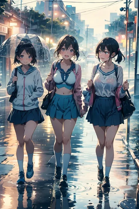  best quality, Super detailed, ( ultra high resolution,8k), Ultra-high definition 4K, A group of teenage girls with big breasts in wearing a brightly colored bikini are laughing together as they walk home from school on a rainy afternoon. while they chat e...