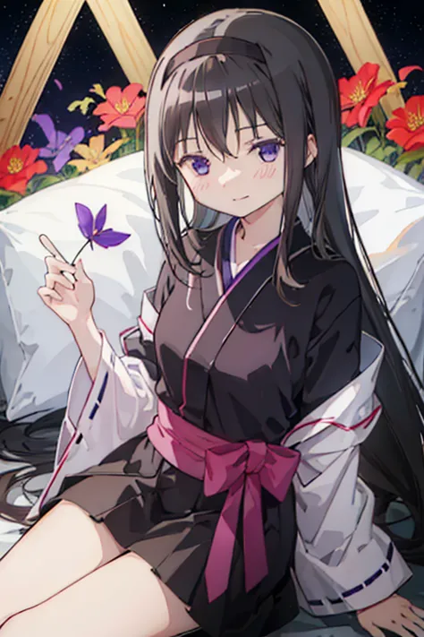 best quality, masterpiece,  high definition , alone, {akemi_homura_魔法少女まどか☆マギカ:1.15}, black_hair, length_hair, hairband,  purple...