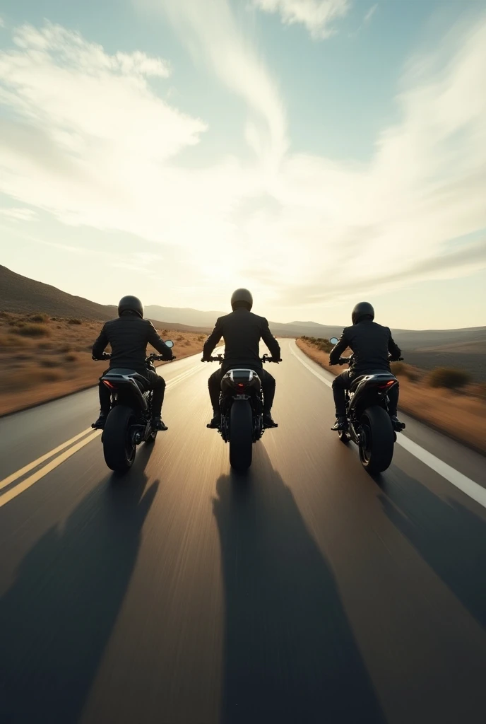 Realistic photograph of three bikers in the distance on sports bikes who are driving away on the road at a vanishing point. all with their backs turned