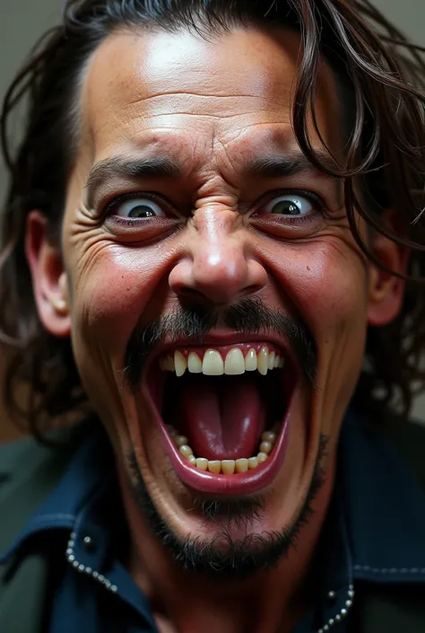 Johnny Depp, Eyes and mouth wide open, laughing hard, high on methamphetamine. 