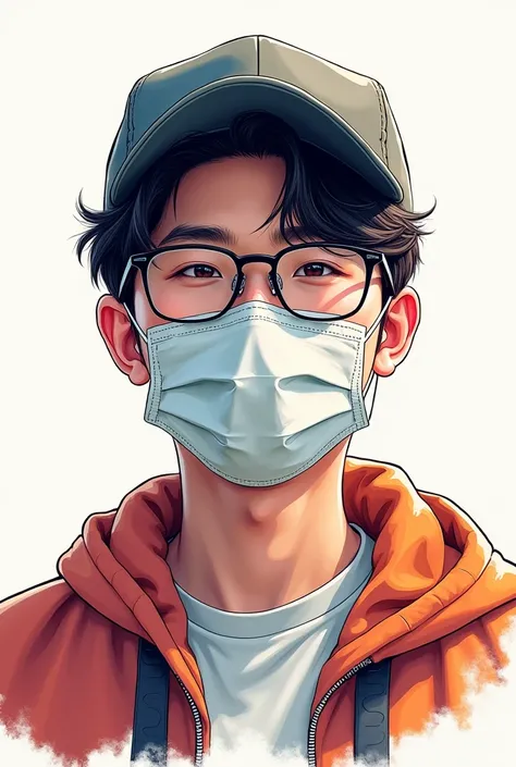 color mdsktch of a korean man 27 yo, using eyeglass, facemask, wearing a baseball cap smiling 