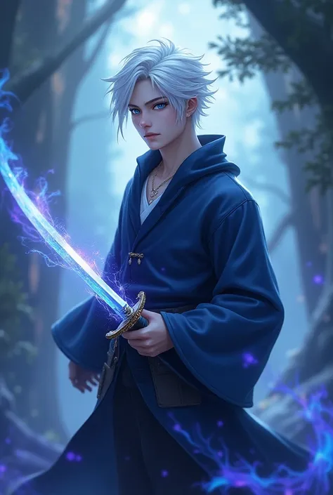 (photorealism:1.2), answer me young man with Hector chronicle eye remixer of blue and the other purple he has white ashing hair and he is handsome and hes in a fantasy what holding a katana