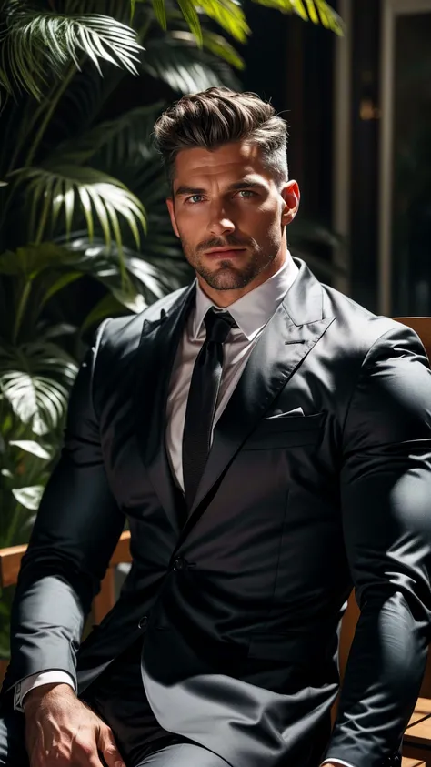 Best quality, masterpiece, ultra high res,detailed background,solo,male,mature,bara,muscular,mature male,silver formal suit,office,salaryman,sitting on chair,plants,looking at viewer,from below,depth of field,, mature male, arm hair, ! Skinny and tall！（Che...