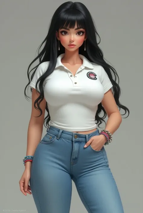 A sexy realistic girl ,  big boobs, big butt,  long straight black hair, cerquillo,  wearing tight white piqué polo shirt with a school logo on the left side,  tight light blue jean pants , white sneakers,  colored bracelets on the right wrist , small earr...