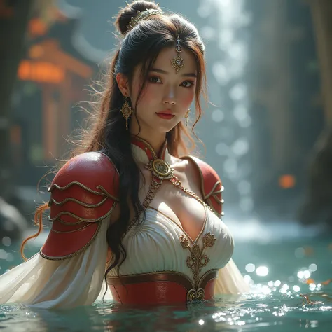  [girl，18 years old，   Height Real 8K Display ，  HD Face Detail  ， Real People，realism，move，  Exquisite Face   ， white skin ，headgear，  Brown Hair ，grace，  High resolution  8K， Robe Armor ，  Red Metal Armor  ， Reveal Your Big Chest  ， Show Your Thighs ，Rig...