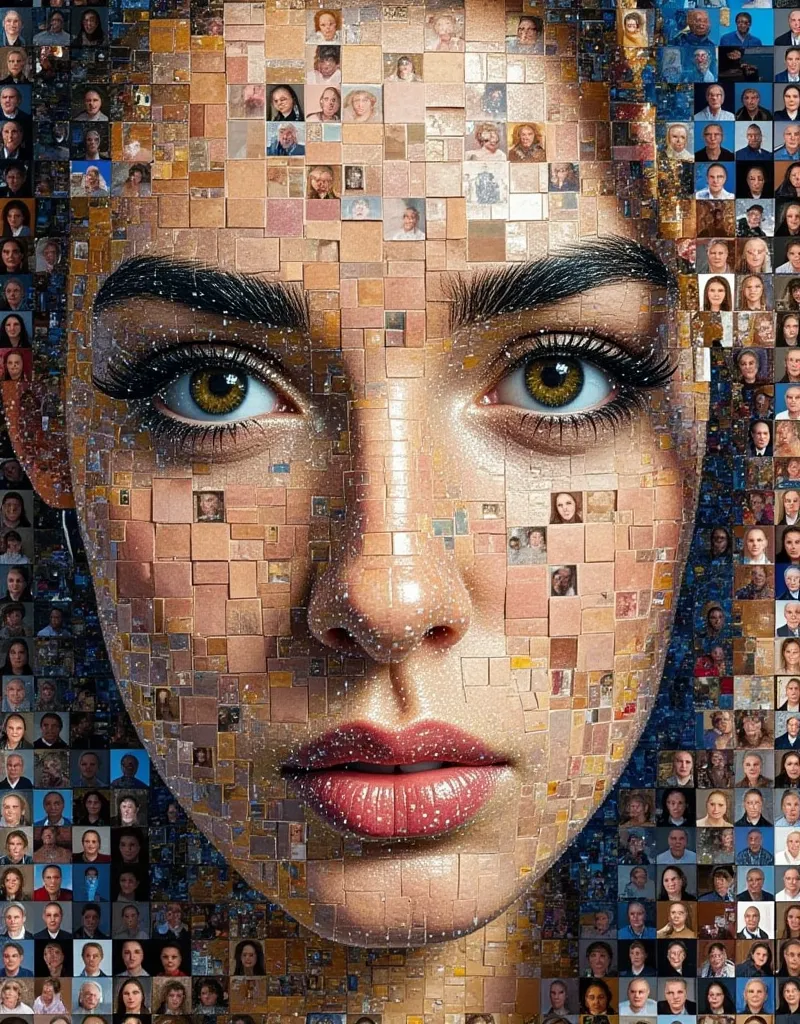 create an ultra-realistic portrait made up of many small photos of the same size, like a mosaic. each photo should be unique, bu...