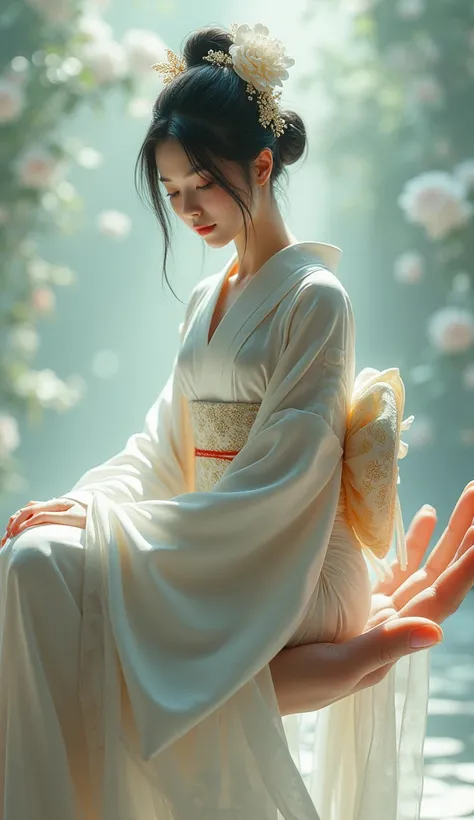 A realistic 3D-style artwork of a stunning Japanese woman sitting gracefully on a person’s hand, photorealistic anime-inspired, fantasy giantess theme, advanced digital rendering.

