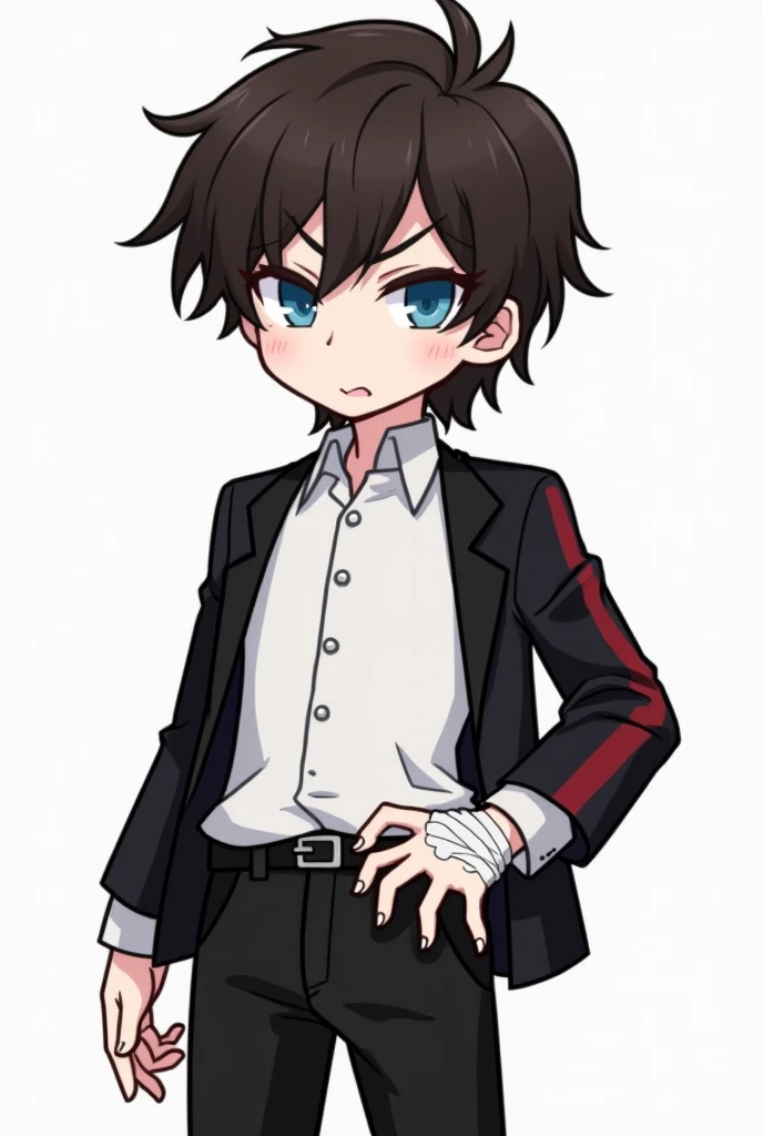 Cartoon, Paranormal Order Trait. Plain White Shirt, a black jacket with a red line from the shoulder to the end of the sleeve, messy dark brown hair, black dress pants and blue eyes, empty eyes, bandages on one arm