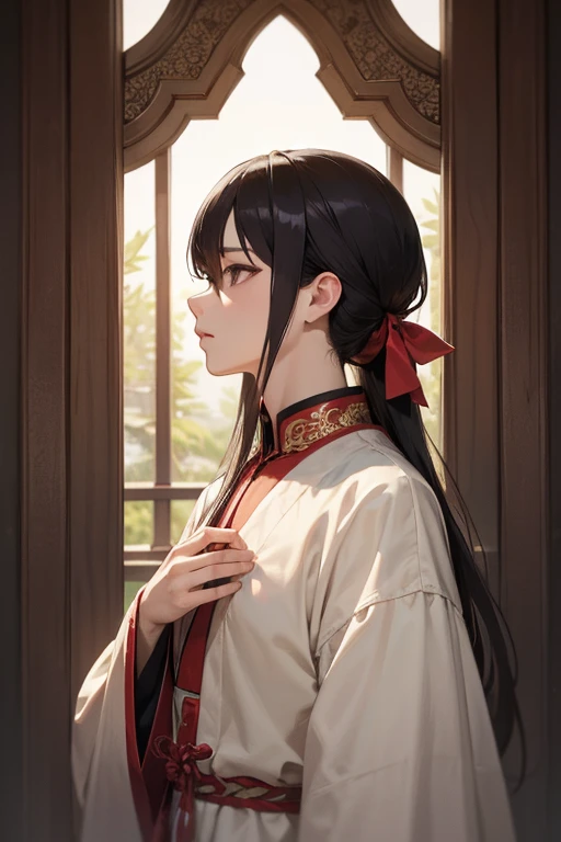 (masterpiece,  Top Quality ,  Top Quality , Official Art,  beautiful and aesthetic :1.2),(1 :1.3), (Fractal Art:1.3),Upper body, Shota, pattern,  black head, Long hair, Half-tied hair, Hair tied in half, Gray eyes, No chest ,  ancient Chinese oriental styl...