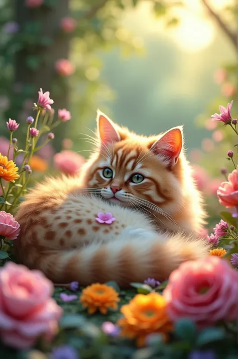 A cat sitting on the flowers 