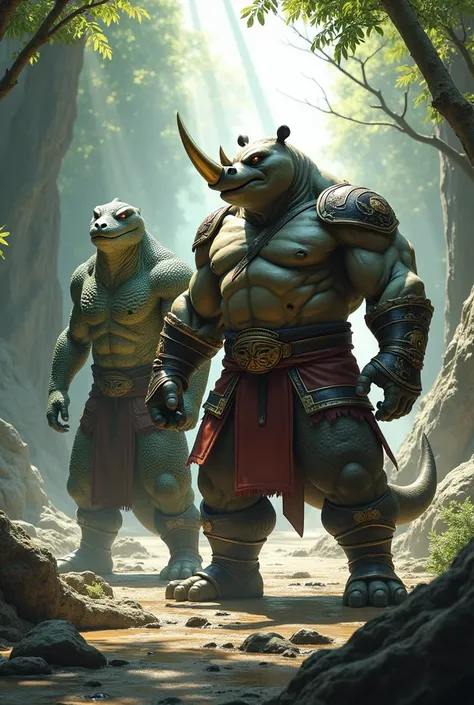 **Prompt:**

Imagine a dynamic scene featuring both *Master Rhino* and *Master Crocodile* from *Kung Fu Panda*, reimagined with a Marvel Comics twist. These two mighty warriors, standing side by side, each exuding their own unique aura of power and menace,...