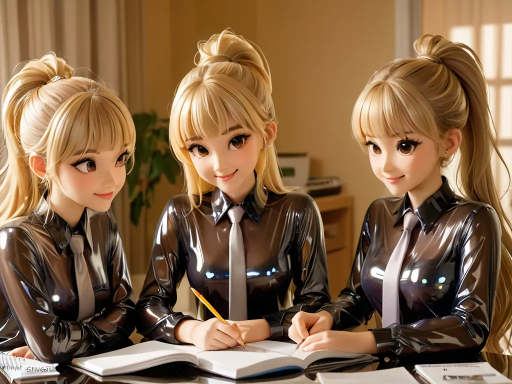 4 girls, buttoned into an extremely tight shiny transparent latex blouse, blonde hair,  ponytail , bangs, smile, lens reflection...