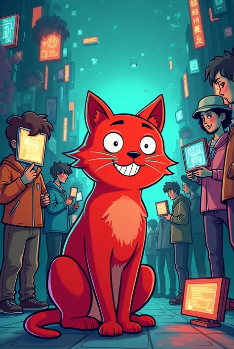 Draw a comic-style poster for the digital chains cartoon about the world of addicted people to phones with a screen instead of a face, the main character of this cartoon is a red cat who seeks attention from such people but does not get it, but he meets a ...