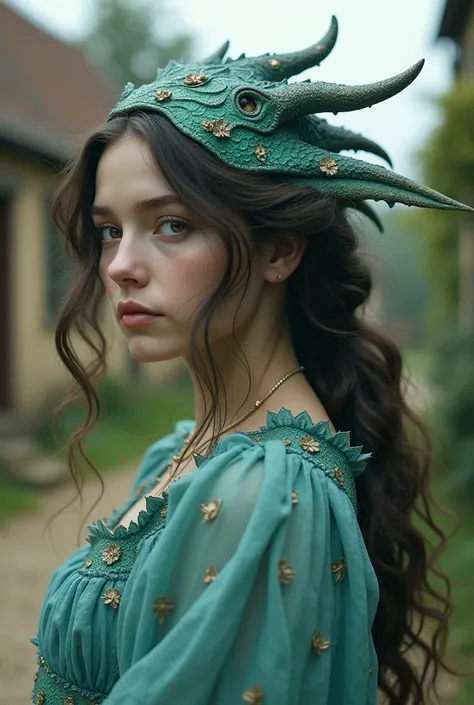 Glinda a fair village maiden in a quaint small town (dark brown long wavy hair hazel brown eyes 18 human girl) lives a quiet life. Setting 1900 century england. Cyan ( light ashy blonde hair short dragon horns sea green eyes strange siren with sea green dr...