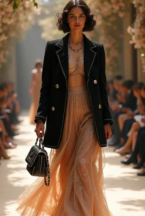 Black and brown combination，Classic floral vintage chanel super short coat，Pair it with a beige top and a maxi pink beige sequin dress，flowing shimmering fabrics，Inspired by the Chanel show