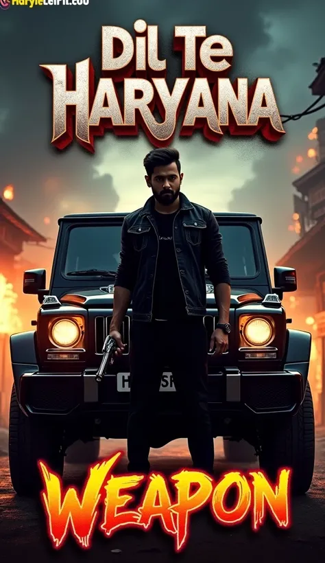 A hyper-realistic Haryanvi rap thumbnail design set in a rugged village or urban environment. The background includes subtle flames and sparks, creating an intense and dramatic vibe. A lifelike shadowed figure holding a revolver or stick stands confidently...