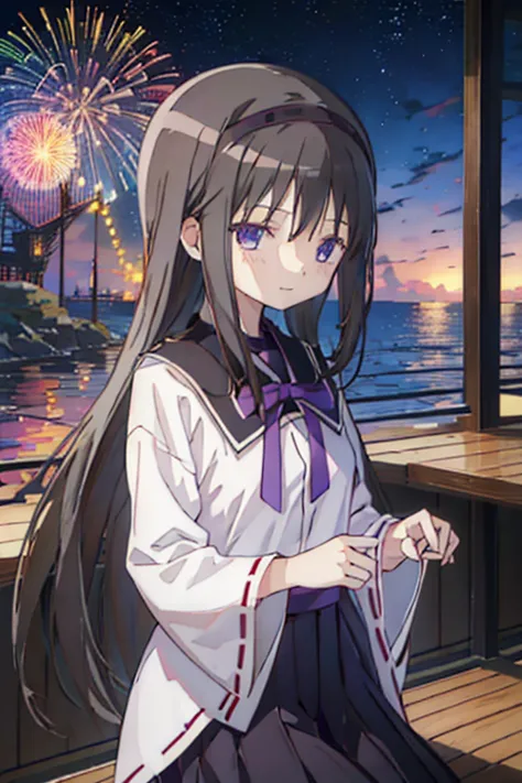 best quality, masterpiece,  high definition , alone, {akemi_homura_魔法少女まどか☆マギカ:1.15}, black_hair, length_hair, hairband,  purple...