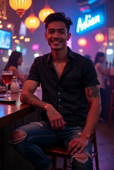  Handsome 25-year-old city-style indonesian man wearing patterned black shirt (😉),  ripped short jeans and red mets shoes , sitting by the bar table a discotheque .  High-resolution professional photo /holding a cigarette / smiling/tattooed koi fish mixed ...