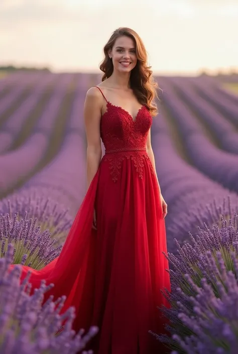 Generate a bride in a red dress on a lavender field