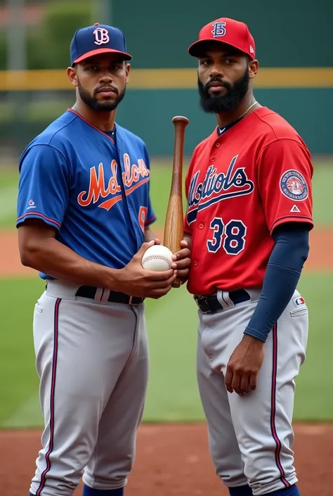 Two baseball Player standing with bal and bat in hand