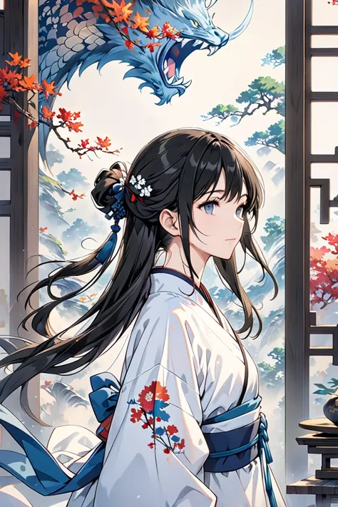 (masterpiece,  Top Quality ,  Top Quality , Official Art,  beautiful and aesthetic :1.2),(1 :1.3), (Fractal Art:1.3),Upper body, Shota, pattern,  black head, Long hair, Half-tied hair, Hair tied in half, Gray eyes, No chest ,  ancient Chinese oriental styl...