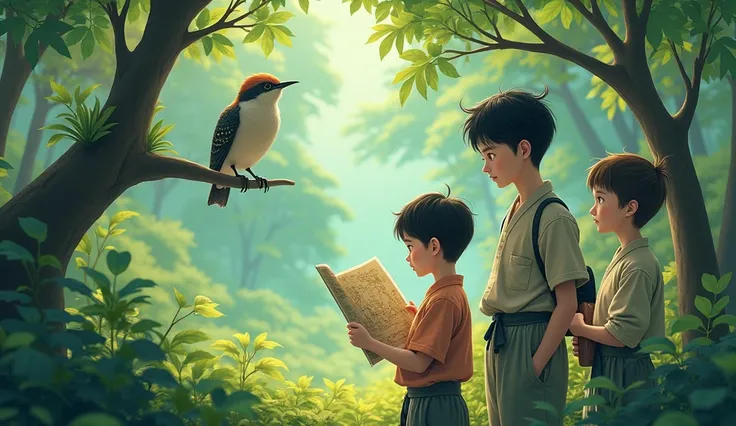 A bird sitting in the forest and three young rens stand near,wears jinse and shirt and caught up a map and a book 