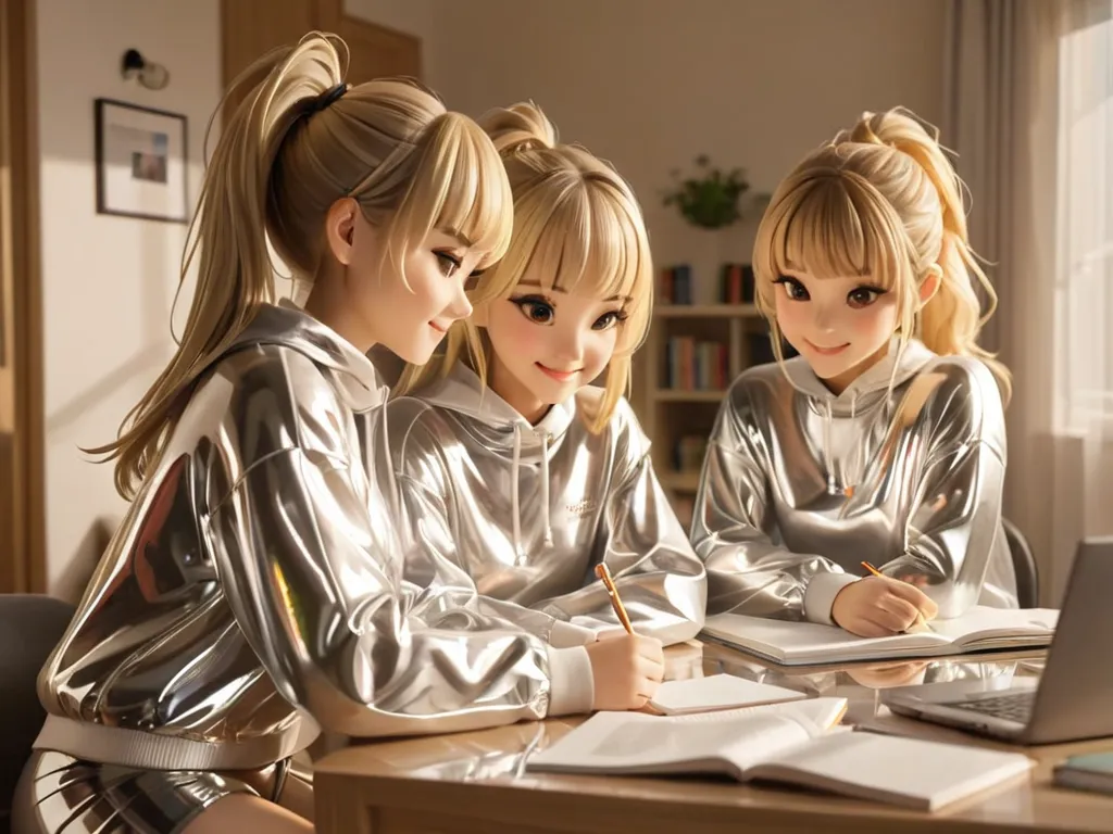 4 girls, In extremely tight shiny transparent latex sweatshirt,  blonde hair,  ponytail , Bangs, smile, Lens reflection, Reflected light, Are at home and doing homework ,