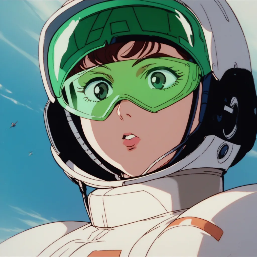 analog style, vhs style, old anime,  japanese curvy a small, fat, young boy pilot wearing white space suit, green visor helmet w...