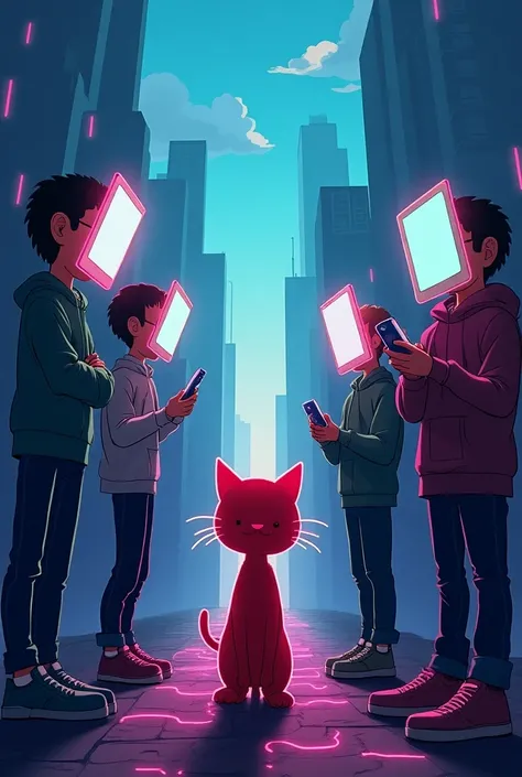  Draw a poster for the digital chains cartoon about the world of people addicted to phones with a screen instead of a face, the main character of this cartoon is a red cat who seeks attention from such people but doesnt get it, but he meets a boy with an o...